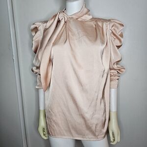 Plush Pink Satin Tie Collar Blouse Womens Size S/M